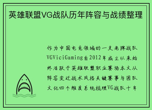 英雄联盟VG战队历年阵容与战绩整理